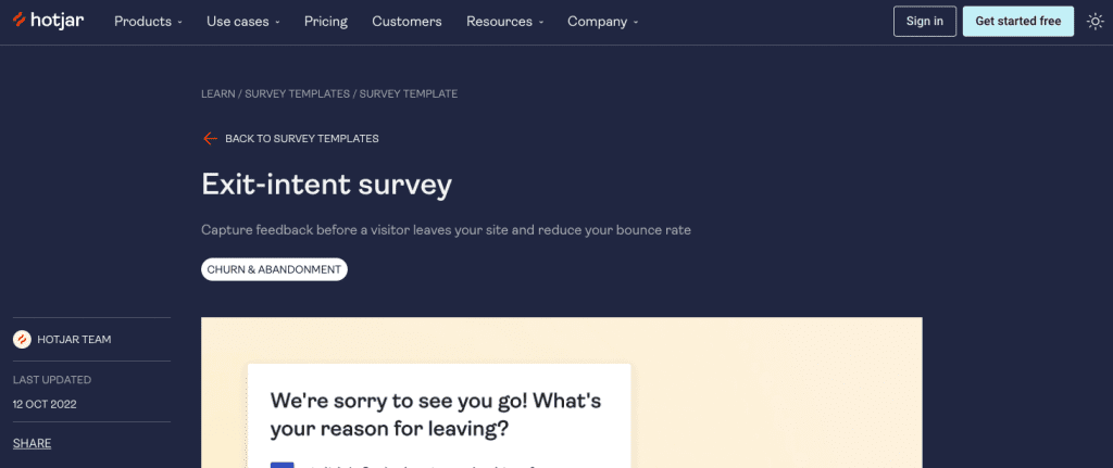 Hotjar Exit-intent survey feature